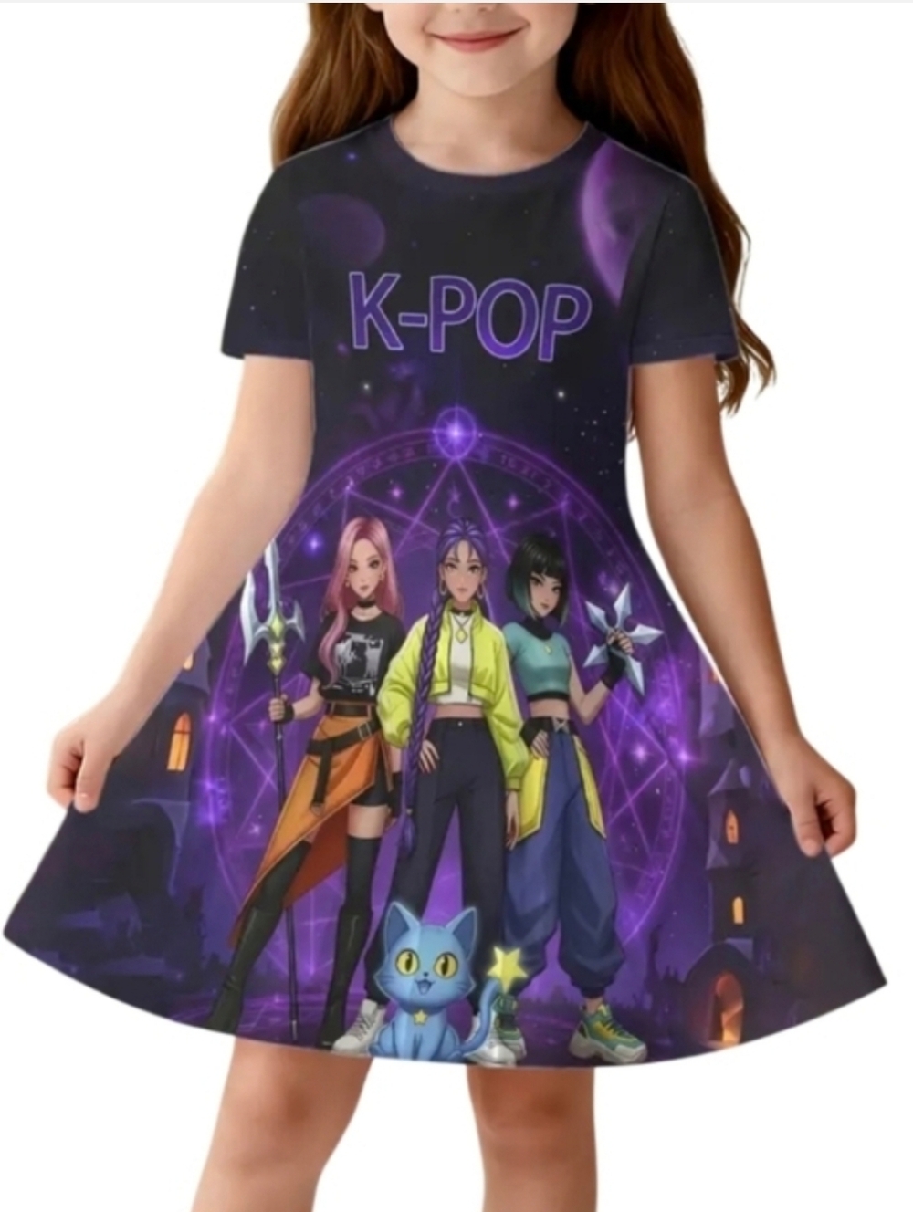 #9-10Y  K-POP Demon Hunters  Graphic Purple Girls Dress.